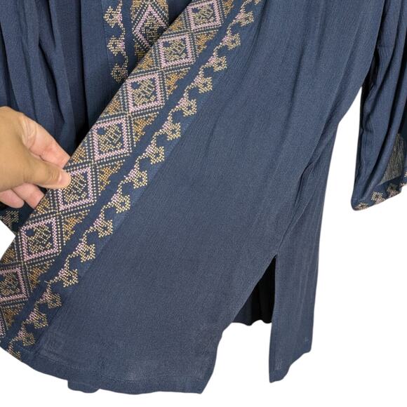 J. Jill Kimono One Size Open Front Gauze Cardigan Boho Geometric Embroidered Tri - Picture 7 of 12